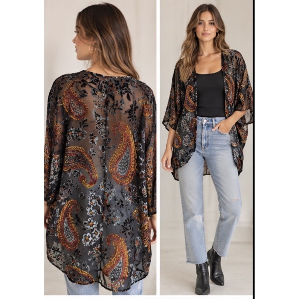 Umgee Velvet Burnout Kimono Cardigan S/M Paisley Floral Sheer Boho Artsy Fall
